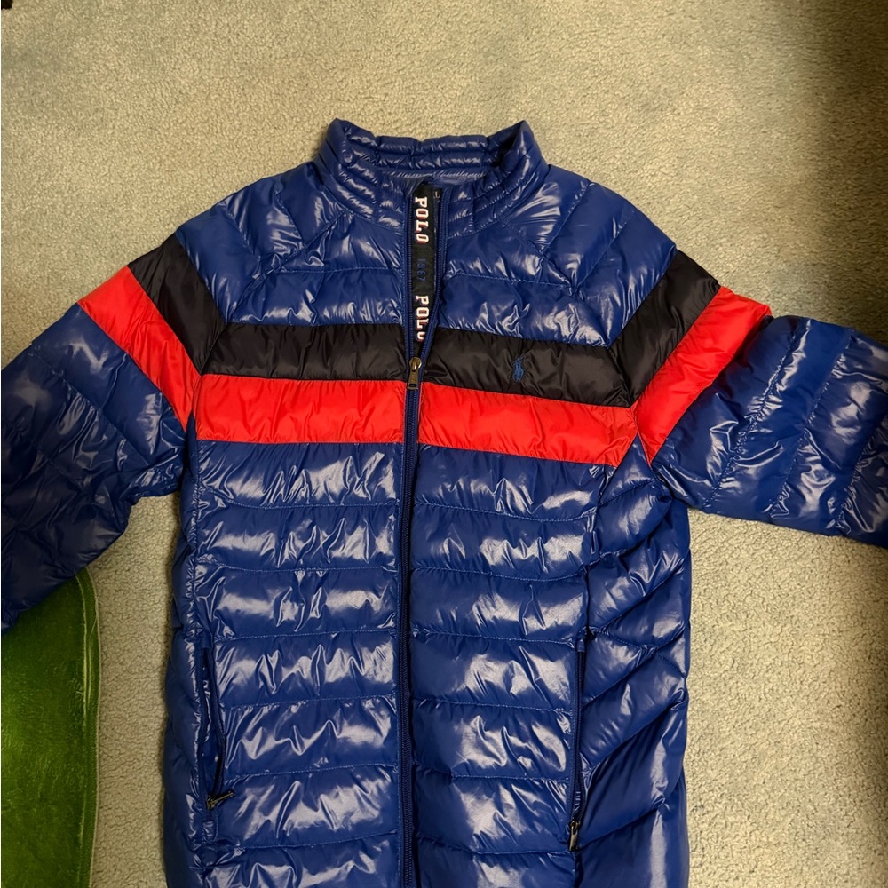 Polo by Ralph Lauren Kids Puffer Jacket in Blue with Red and Black Stripes